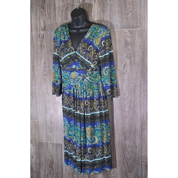 Julian Taylor NEW YORK Paisley Midi Dress Size 8 Blue Green Black Long Sleeve - Picture 11 of 12